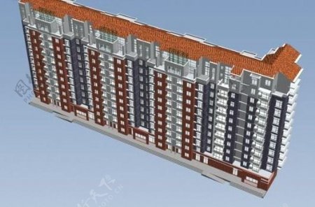 四联排板式小高层住宅楼模型
