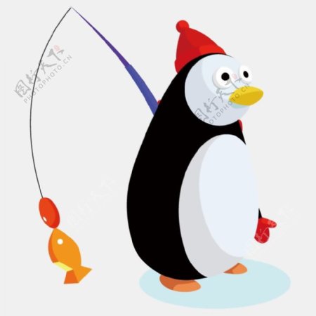 印花矢量图可爱卡通卡通动物企鹅钓鱼免费素材