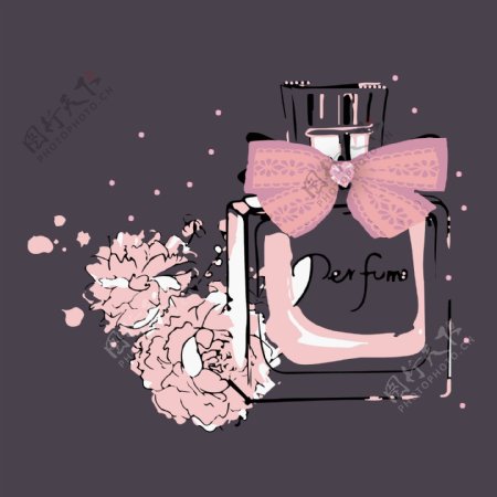 粉红色香水瓶和印花和蕾丝绣