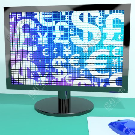 在计算机屏幕上显示的汇率和外汇货币符号