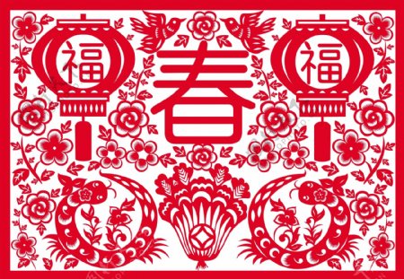春节红色窗花剪纸矢量素材
