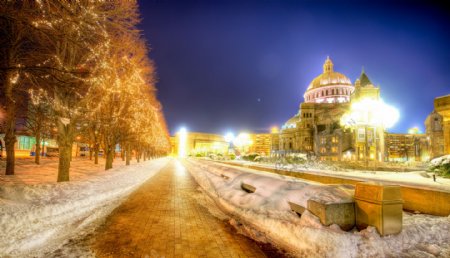 欧洲城堡雪夜摄影图片