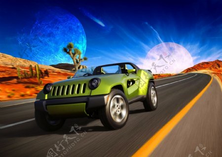 原创未来星际科幻概念jeep汽车场景合成