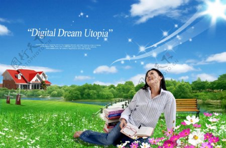 韩国美女教育模板美女仰望天空的美女草地花朵美女休闲房子白云天空书本眼镜美女写真模板