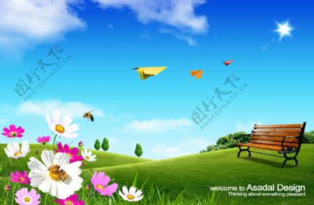 创意设计纸飞机草坪草地花朵鲜花蓝天白云