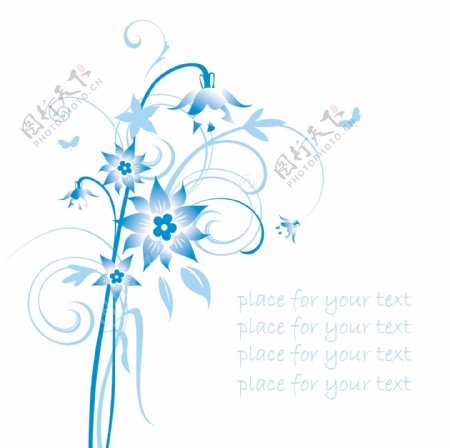 简单的手绘花和蓝色文本背景图案矢量2