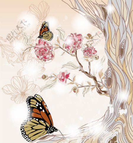 手绘树木和蝴蝶