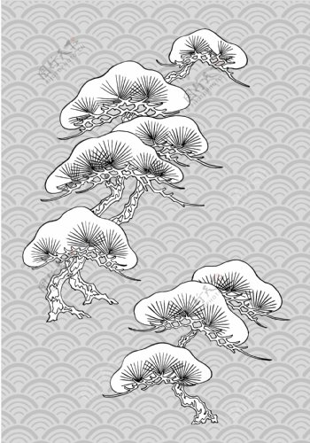 日本线描松树古典波浪背景矢量素材