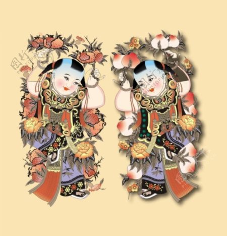 中国传统童子祝寿图矢量素材