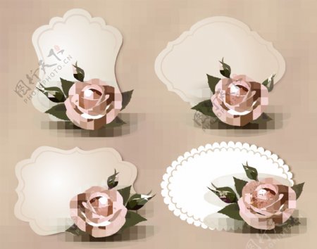 粉色玫瑰花装饰标签矢量素材