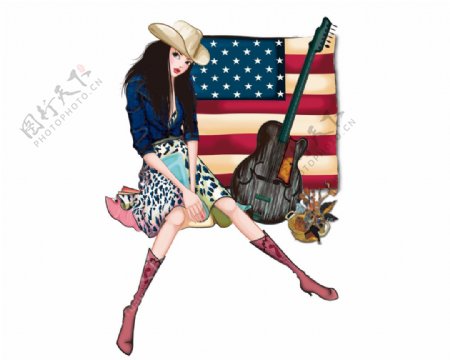 位图人物女人美国国旗吉他免费素材