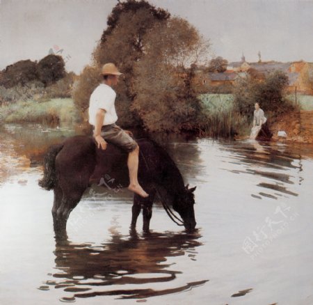 村边小河骑马的年轻人图片