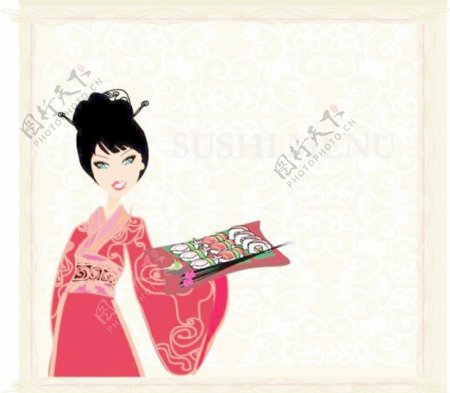 日本和服的女人的菜单封面矢量素材
