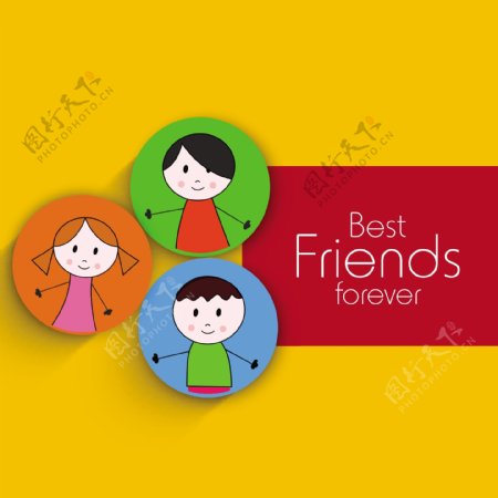 快乐友谊日背景与朋友贴上黄色和红色背景的照片