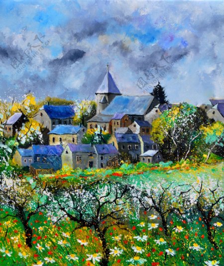 油画野花遍野的山村图片
