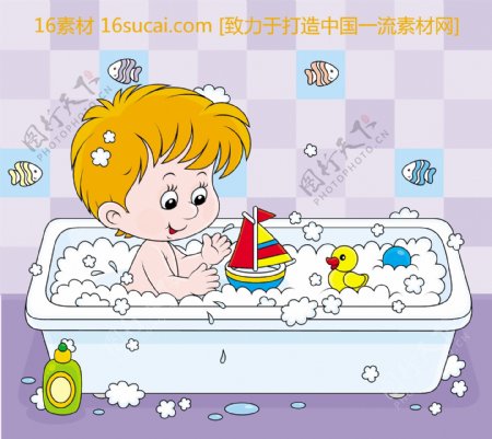 洗澡的小男孩矢量素材
