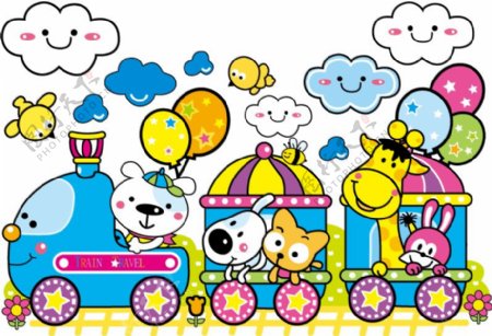 乘火车的小动物插画