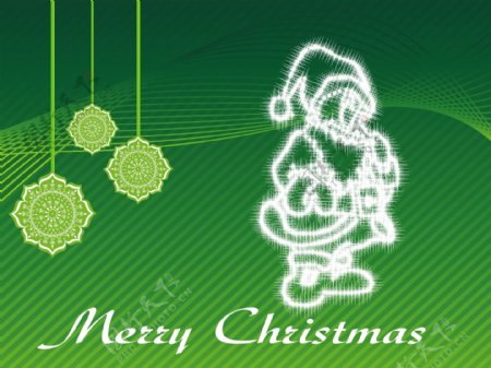 在圣诞老人的形状与波状绿色背景庆祝圣诞灯