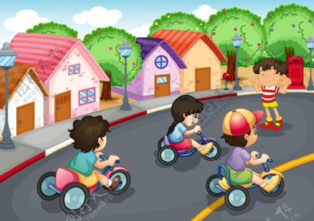 卡通儿童单车比赛矢量素材