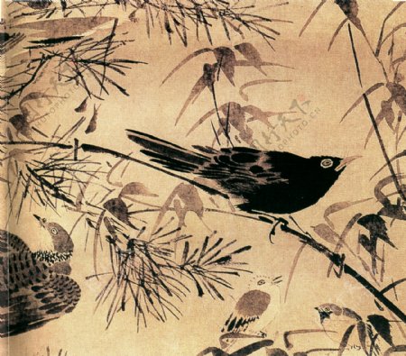 中国花鸟画名家林良书画真迹灌木集禽图之二