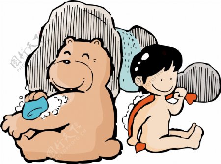 和狗熊洗澡的小男孩