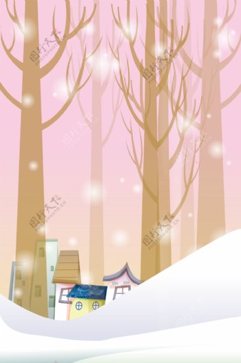 卡通房屋树粉色背景