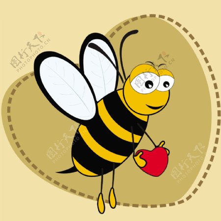 可爱的蜜蜂控股在棕色心形背景的心中