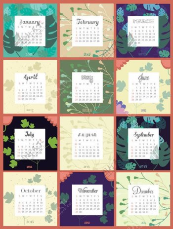 树叶花卉背景2015年日历矢量图