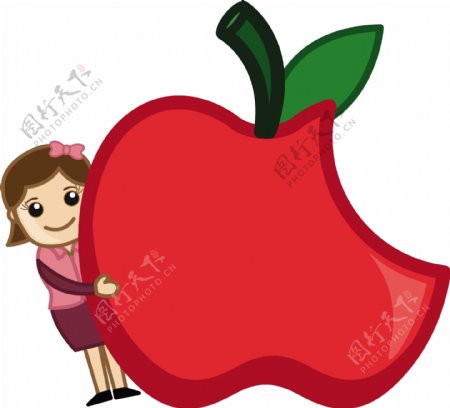 健康的饮食理念卡通女孩与一个苹果