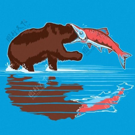 位图T恤图案动物棕熊鲑鱼免费素材