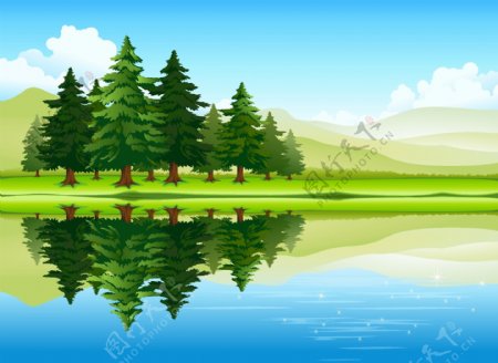 优美湖泊森林风景矢量素材