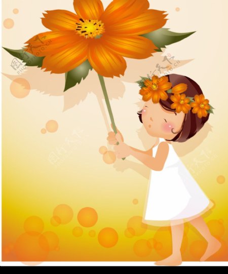 女孩橙色花朵图片
