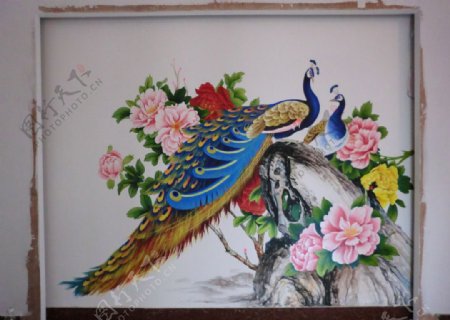 孔雀牡丹壁画图片