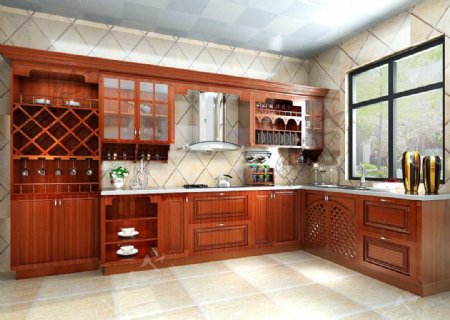 L型实木厨房图片