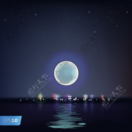 圆月夜沿海城市风景图片