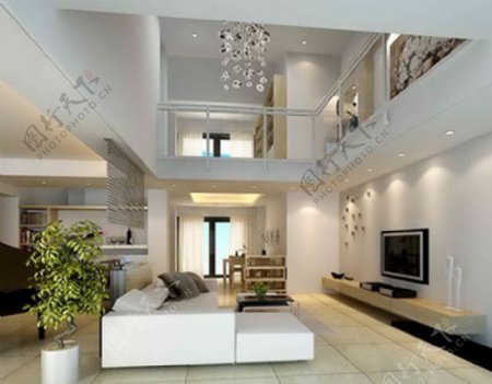现代白色调复式客厅模型图片