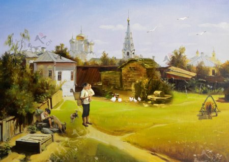 油画风景农家小院图片