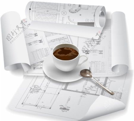 建筑工程图纸模型图咖啡图片