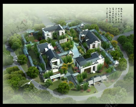 现代中式别墅鸟瞰图片