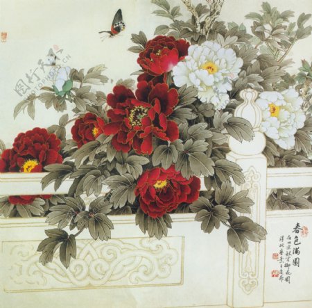 红牡丹花壁画图片