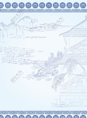 青花瓷风格山水封面图片