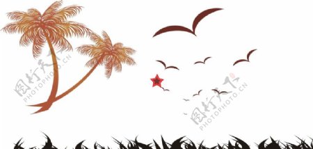 椰子树海鸥小草图片