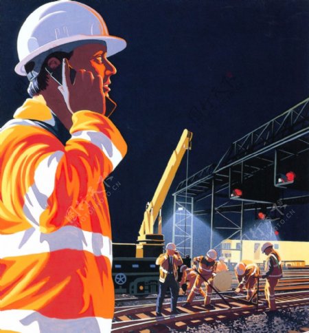 夜幕中施工的铁路工人图片