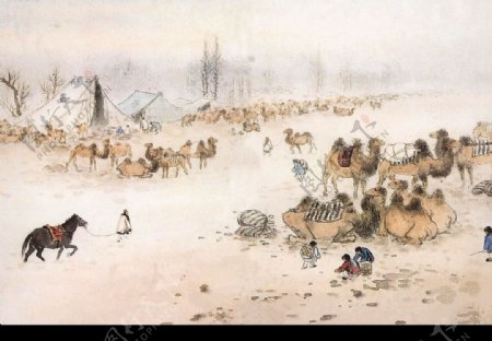 风雪里的骆驼队图片