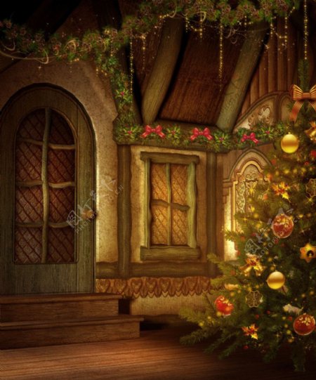小木屋内圣诞装饰背景图片