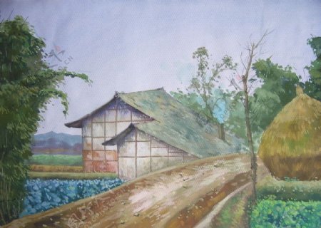 绘画村庄图片