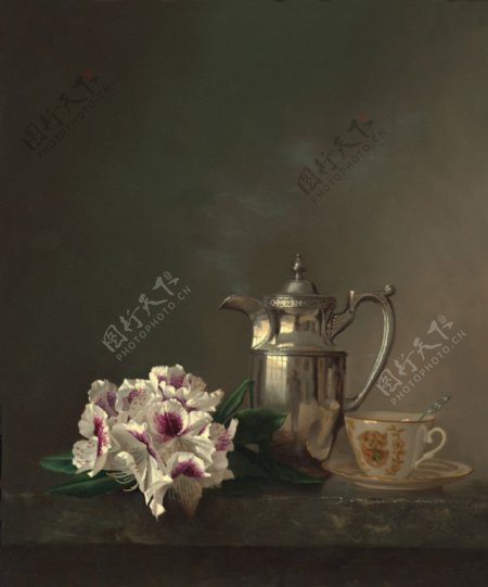 花银质茶壶油画图片