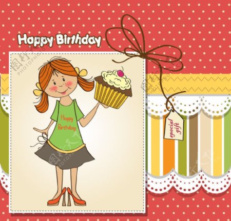 拿着蛋糕的小女孩生日贺卡图片