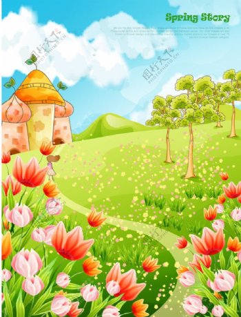 卡通春天梦幻花纹花朵绿野鲜花小路图片