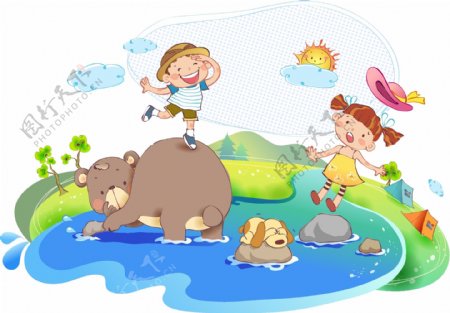 熊和孩子在小河中玩耍图片